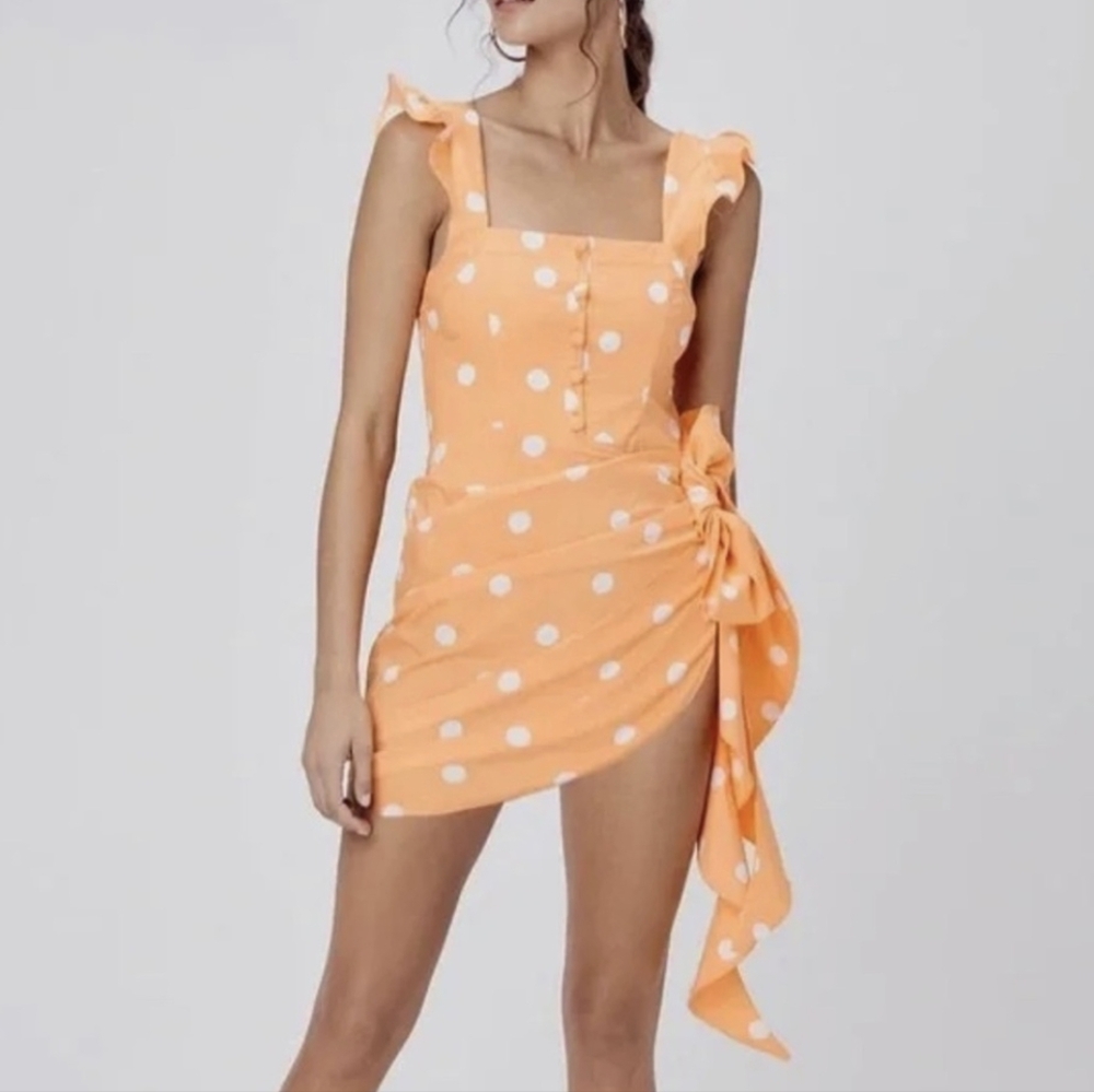 FOR LOVE & LEMONS Yellow/Gold & White Polka Dot Sarong Mini Dress Size XS